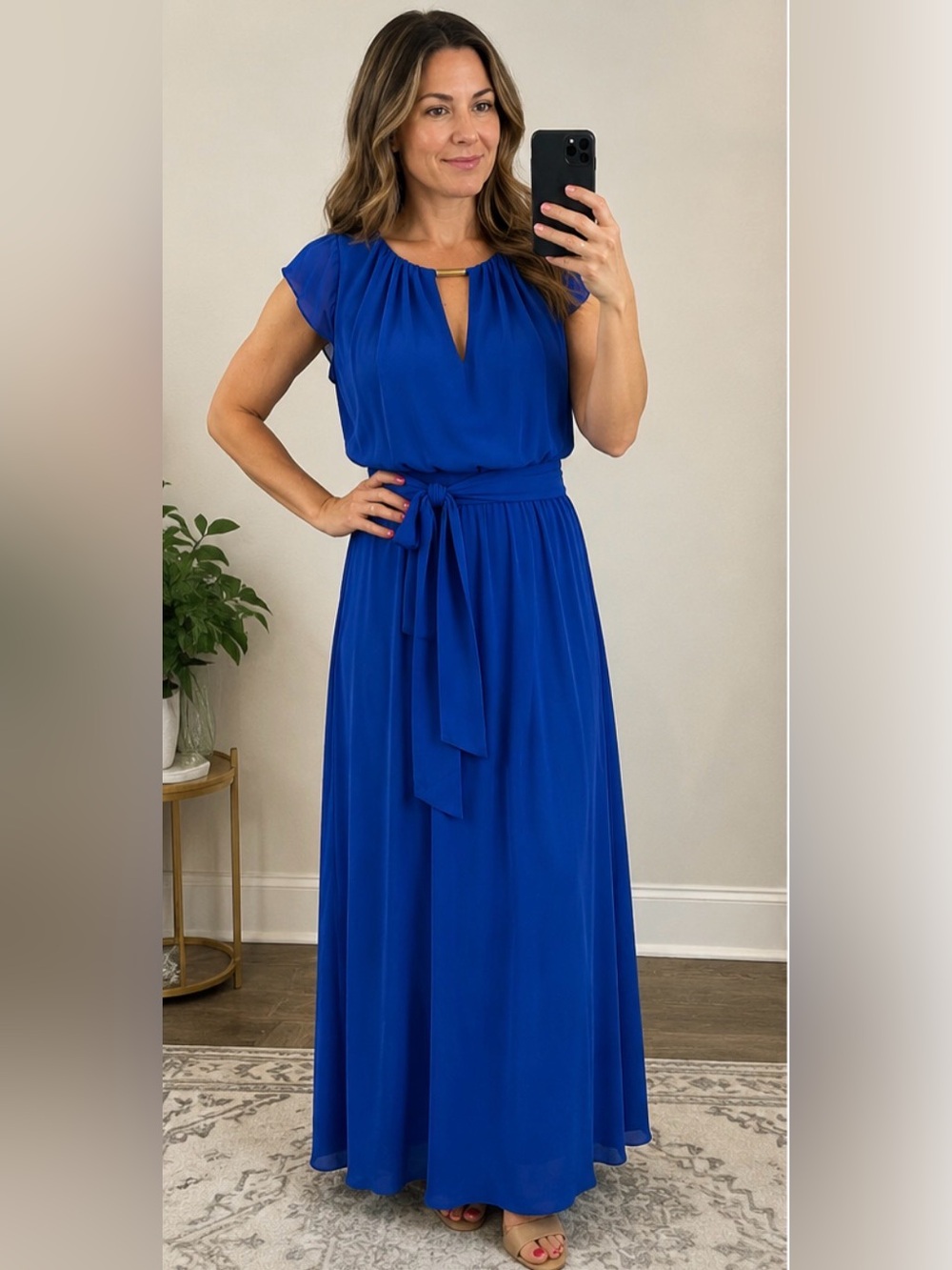 Vince Camuto Blue Maxi Dress Size 12 Tie Waist Keyhole Neck Flutter Sleeve